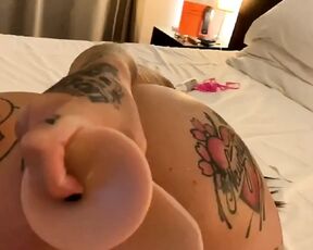 tattoed girlfriend fuck dildo in her ass in hotel room