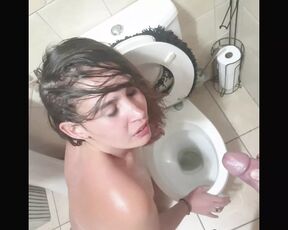 Worthless slut hair dragged to toilet to get used as human toilet, face slap and spit