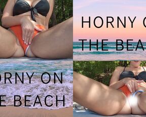 Horny MILF Teacher in swimsuit rubs her pussy on the beach