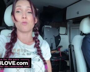 Babe in pigtail braids chatting behind porn scenes in car on her way to live stage performance nervous excited - Lelu Love